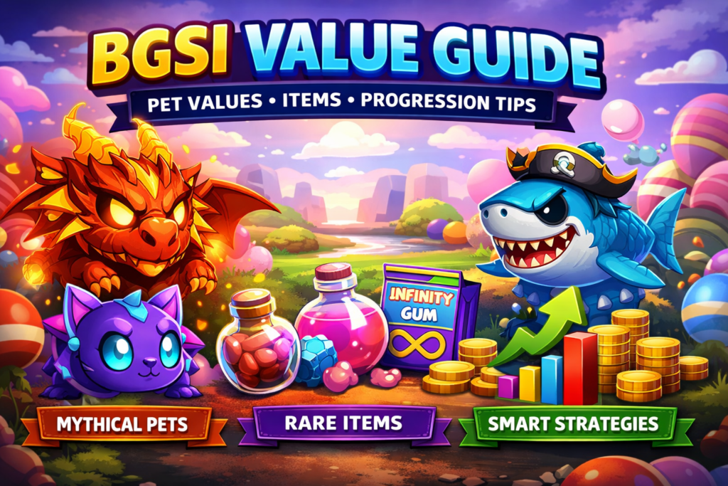 BGSI value guide showing Bubble Gum Simulator INFINITY pets, items, and progression upgrades