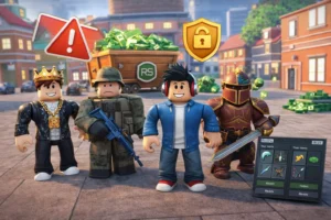 roblox account for sale : Roblox gameplay showing avatars and items, highlighting account safety and official game progression