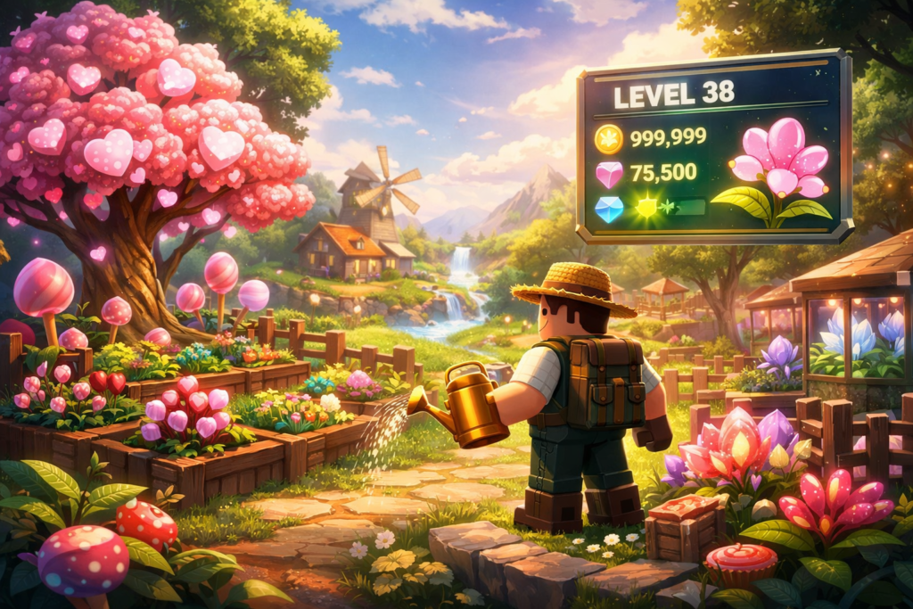 grow a garden candy blossom seed account for sell featuring a high-level garden with rare candy blossom plants, advanced progress, and premium gameplay setup