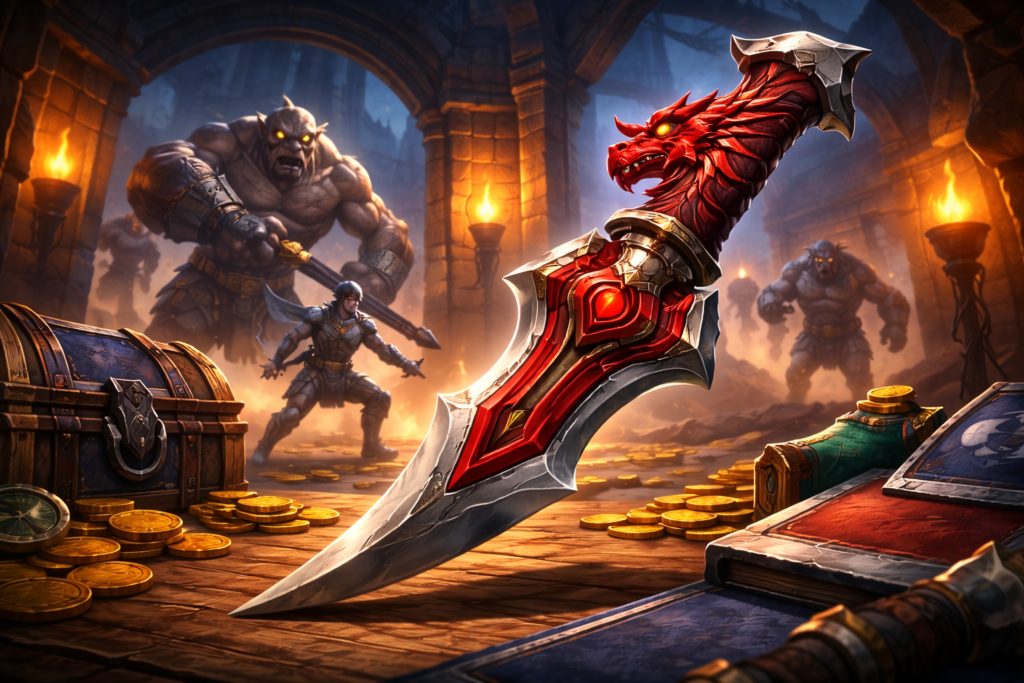 Dragon Defender OSRS in Old School RuneScape showing its red dragon design, used as a powerful melee off-hand item for combat and training