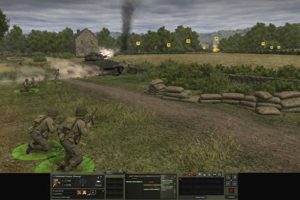 vcombat mission normandy manual: Battle for Normandy gameplay showing tactical units on a World War II battlefield, highlighting strategies from the official manual