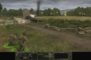 vcombat mission normandy manual: Battle for Normandy gameplay showing tactical units on a World War II battlefield, highlighting strategies from the official manual