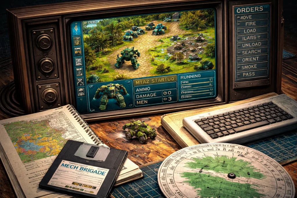 Classic SSI Mech Brigade PC strategy game interface showing mechanized units, representing early copy protection systems and retro PC gaming history.