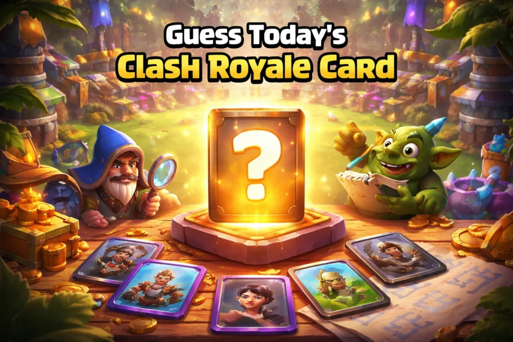 guess today's clash royale card: Clash Royale game interface showing daily card challenge, hints, and player engagement in strategic deck-building battles.
