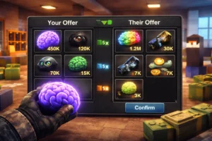 Roblox gameplay scene showing steal a brainrot trading values, with inventory interface displaying different brainrot items and their estimated values...