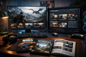 Gaming setup with a PC, popular mods, and LCFGameNews interface showing mods gaming lcfgamenews updates